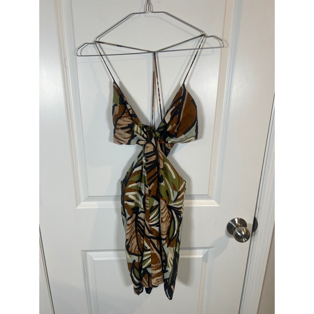 Zara Womens Mini Dress Cutout Knot Front Tropical Leaf Print Brown Green Size S